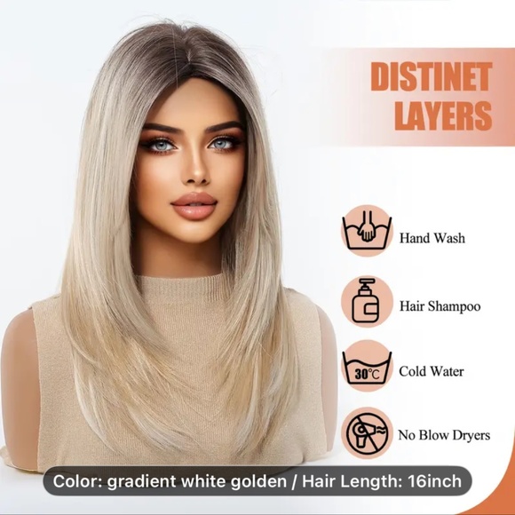 16” Elegant Gradient White-Golden with graying roots layered Synthetic Wig, - Picture 5 of 6
